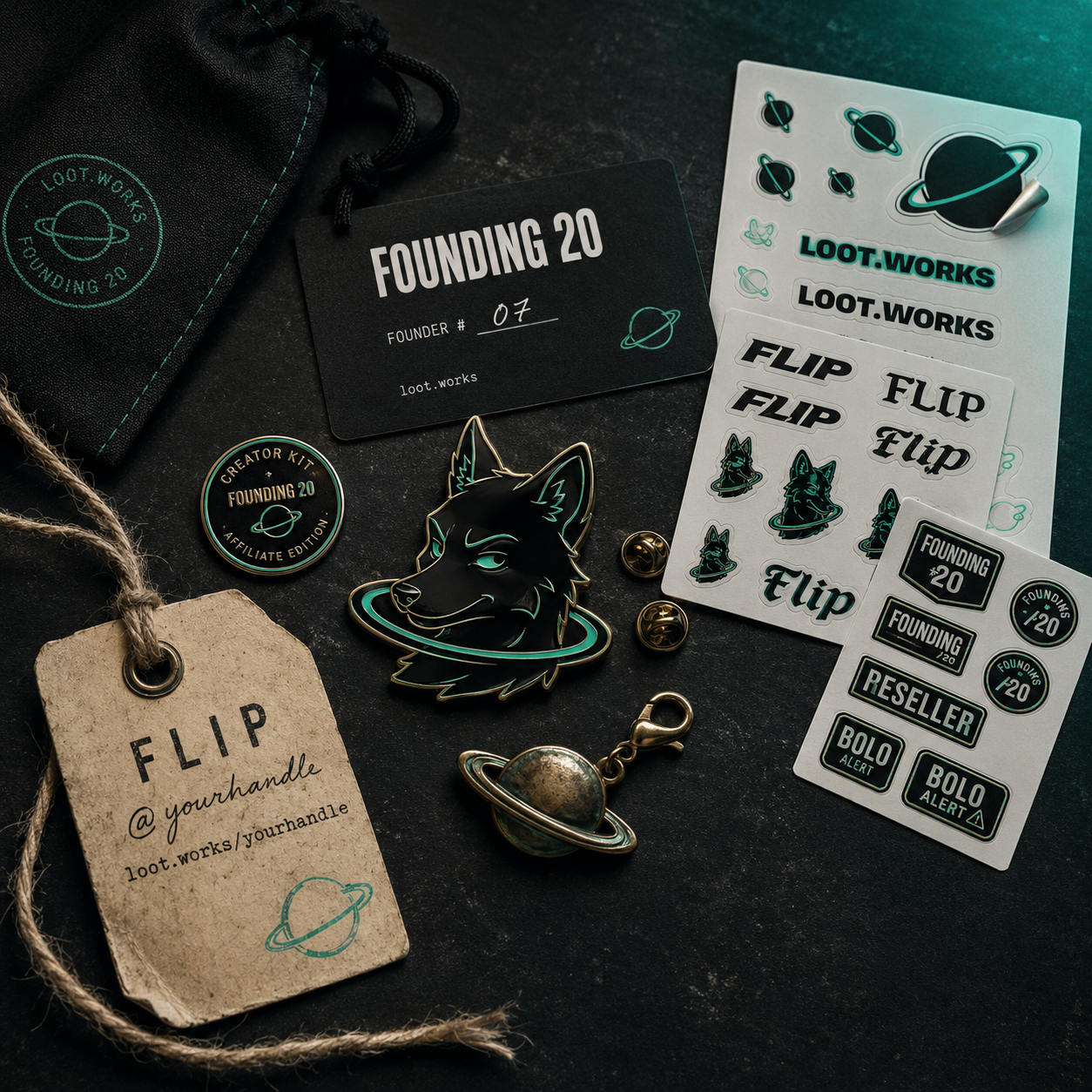 Founding 20 creator kit — Flip mascot coyote enamel pin, Saturn sticker pack, custom hangtag, brass Saturn charm, branded fabric pouch, membership card, creator kit metal token
